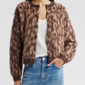 Nordstrom Brown Leopard-Print Fuzzy Crewneck Sweater